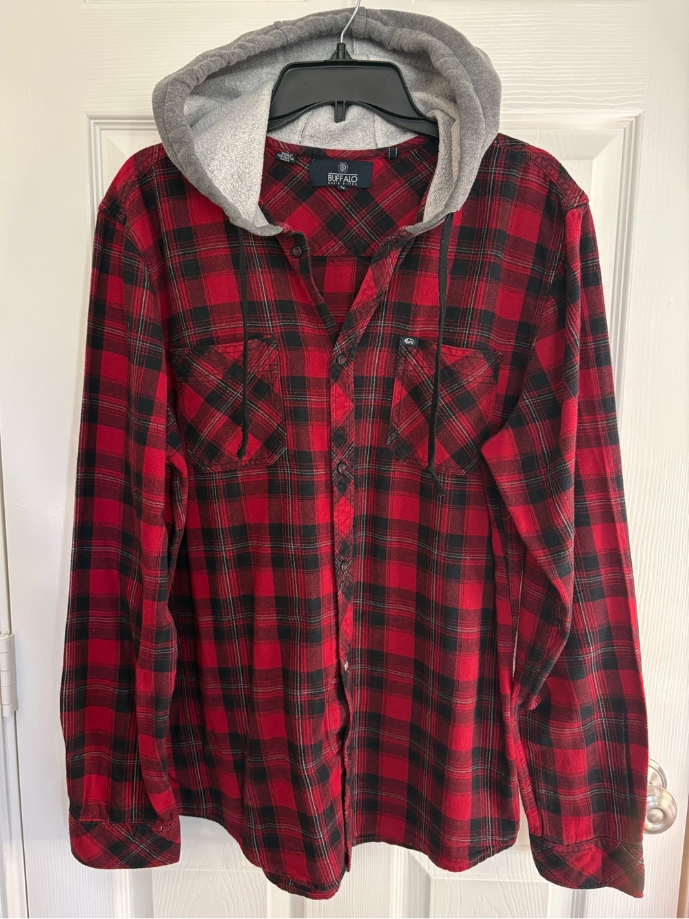 BUFFALO DAVID BITTON : Red Black Plaid Hooded Flannel Shirt Men's L